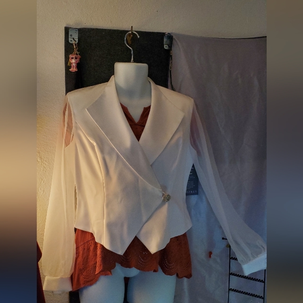 Elegant J. R. Nites By Caliendo White Blazer with Sheer Sleeves - Picture 4 of 11